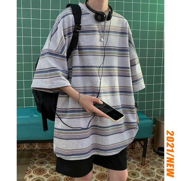 Striped short-sleeved men's summer Japanese fashion brand five-point sleeve versatile loose Hong Kong style T-shirt INSTAGRAM trend half-sleeved clothes